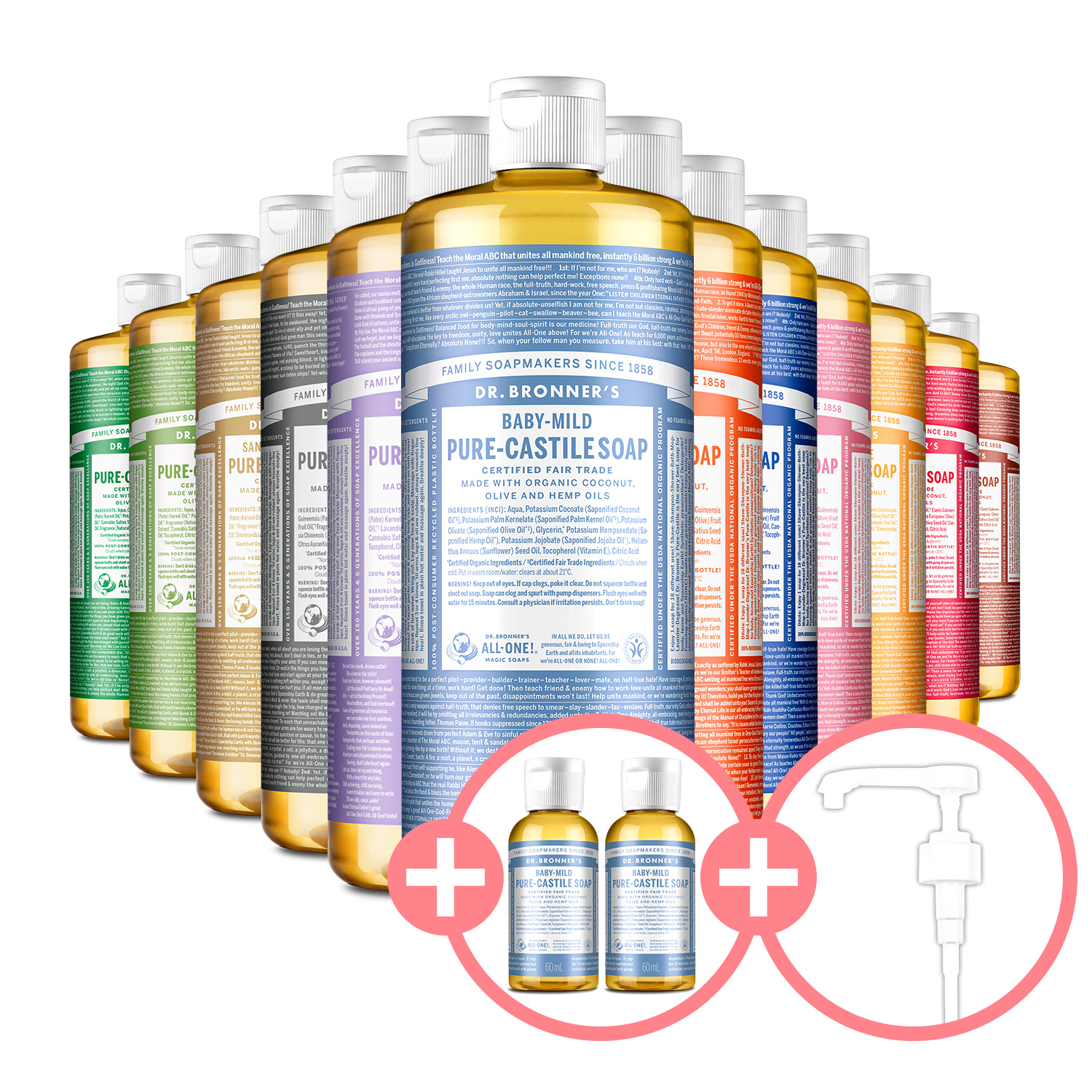 닥터브로너스 캐스틸 솝 950ml+60ml+60ml+펌프 세트 12종 택1